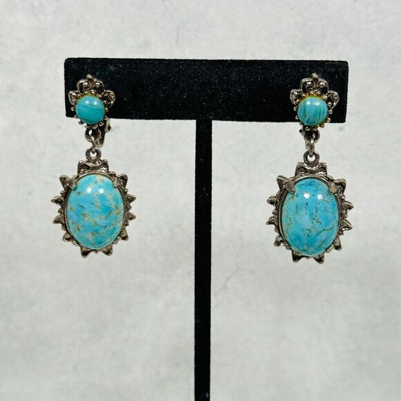 Unbranded Jewelry - Womens Earrings Blue Stone Cabochon Silver Tone 1.75" Western Clip On Jewelry